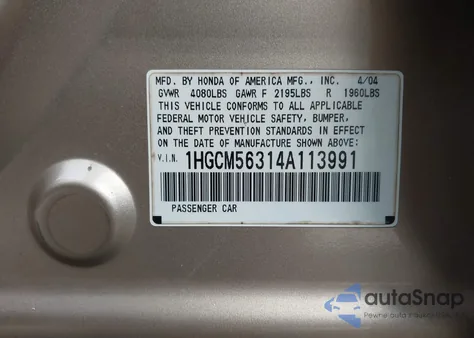 2004 Honda Accord 2.4 Lx z USA, uszkodzony, nr VIN 1HGCM56314A113991